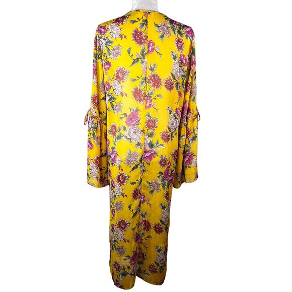 Band Of Gypsies Floral Kaftan Coverup Swim Kimono Yellow Pink Large Tie Closure - Picture 15 of 16